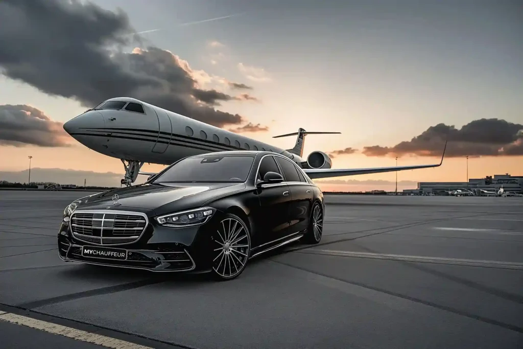 Luxury black car waiting on the tarmac for executive airport transfer in Boston