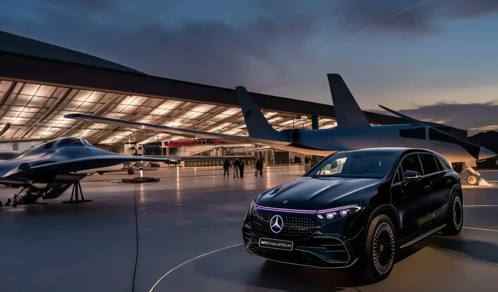 Luxury black car waiting on the tarmac for executive airport transfer in Boston